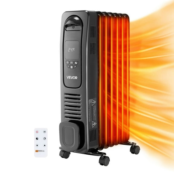 VEVOR Electric Oil Filled Radiator, 1500W Radiant Space Heater with LED Screen, Over-Heat Protections,24h Timer, Portable Handle Casters, Thermostat,Remote Control for Indoor Use,Black