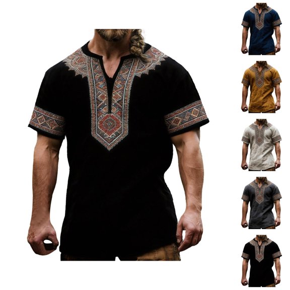 Henley Shirts for Men Summer Casual Retro Print V Neck Short Sleeve Renaissance Shirt Men Streetwear