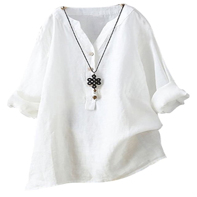 CHOK Chemise Tunique en Coton et Lin à Manches Longues pour Femmes Grande Taille