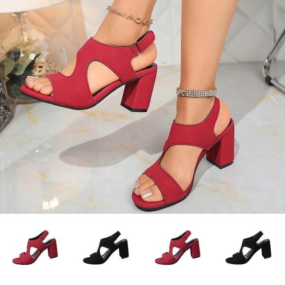 Women's Wide Width Block Heel Sandals, Cutout Design Velcro Peep Toe Dress Shoes, Comfortable Casual Summer Heels, Red/Black