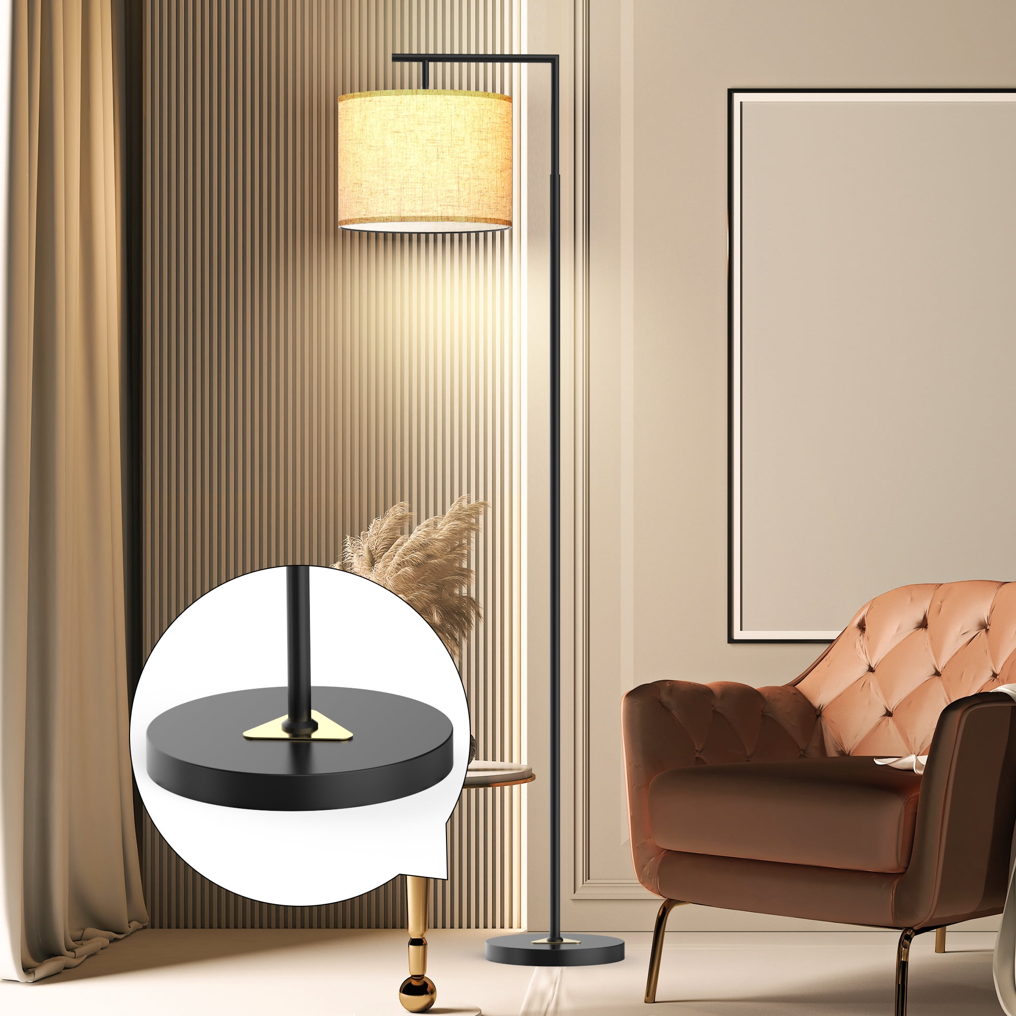 JURULU Arc Floor Lamp, Modern Standing Lamp with Remote Control, Including 4 Color Temperature 9W LED Bulbs, 350º Adjustable Linen Lampshade, Ideal for Living Room, Bedroom, Office