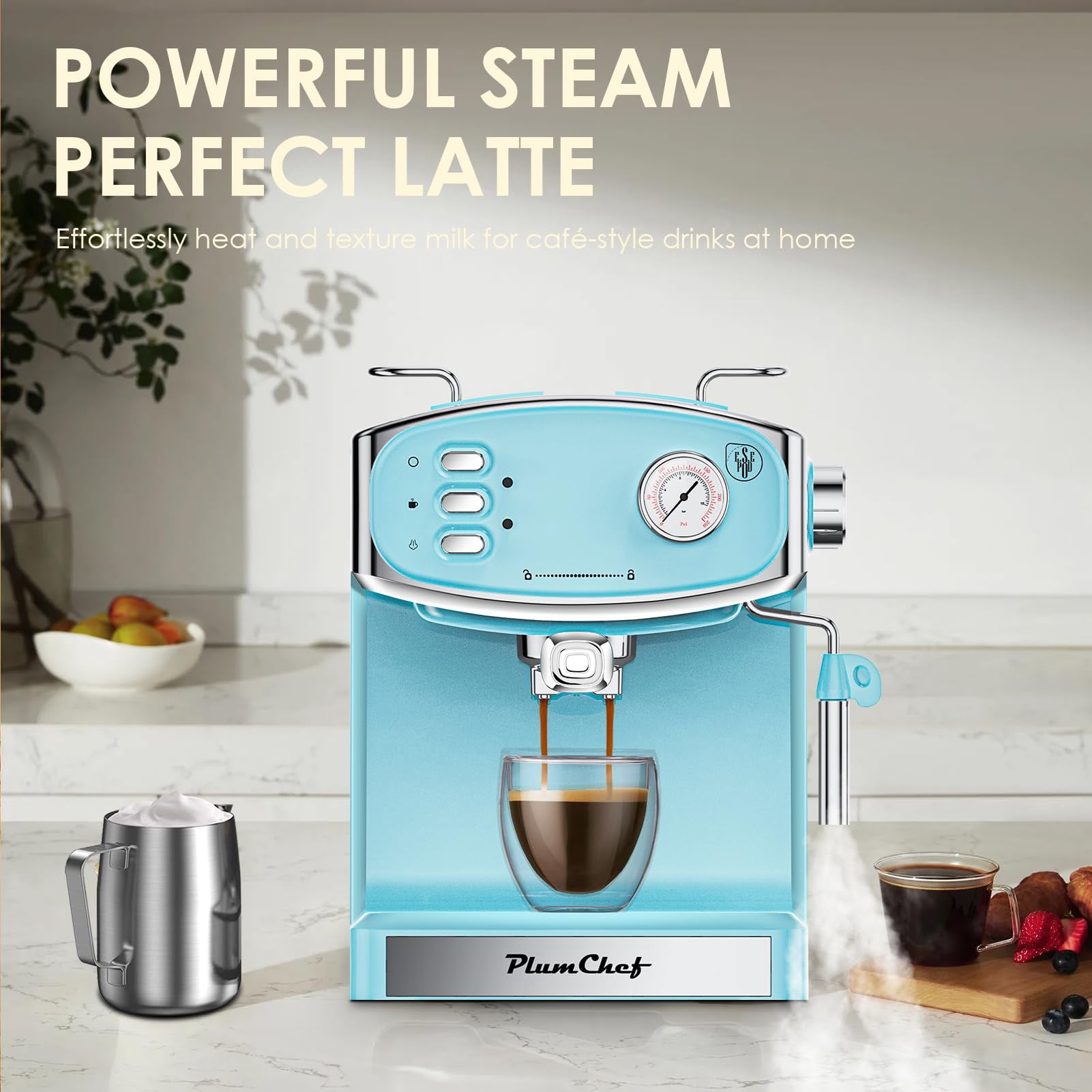 20 Bar Retro-Style Espresso Machine with Milk Frother, ESE Pod Compatible, Pressure Gauge, 54 oz Food-Grade PP Removable Water Tank, Ideal for Home Barista,Sky Blue