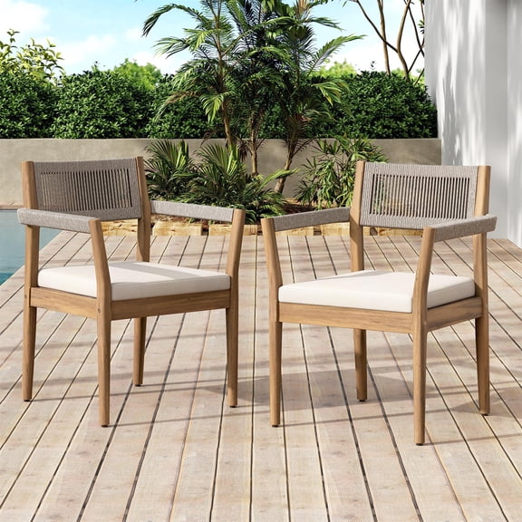 Dining Chairs Set of 2, Outdoor Braided Acacia Wood Chairs with Beige Rope and Cream Cushions for Patio, Teak