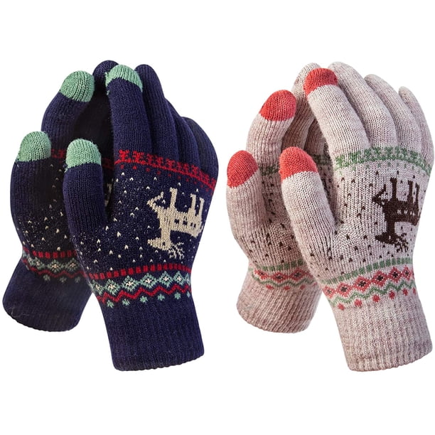 2 pares de guantes de invierno para pantalla táctil con estampado de punto de ciervo, cálidos guantes para mensajes de texto con forro polar para mujer Adepaton CJWUS-6652