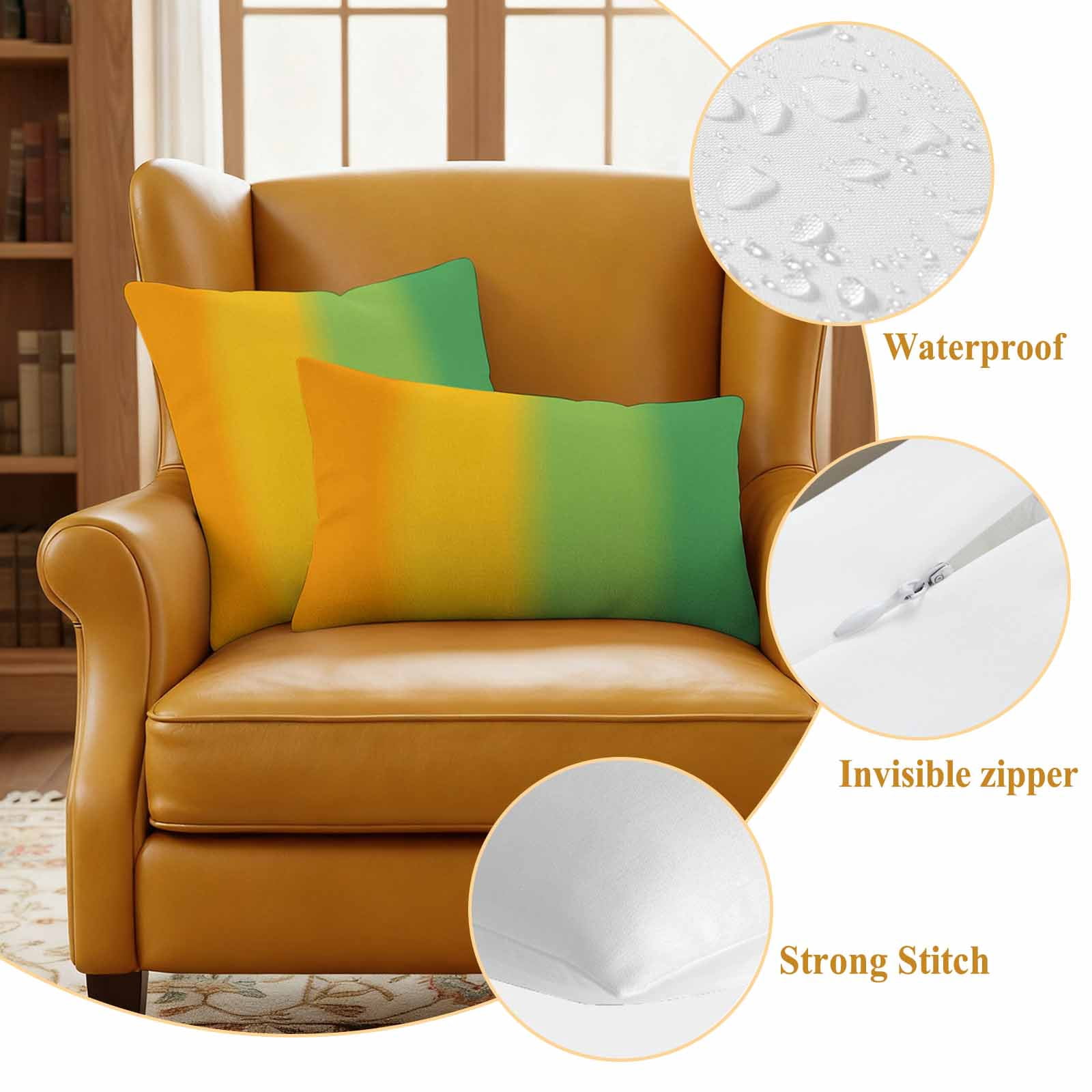 Orange Green Ombre Outdoor Waterproof Throw Pillow Covers 26x26 Set of 2, Color Striped Gradient Decorative Pillowcases Cushion Pillowcase for Couch Sofa Patio Outside Pillow Protector