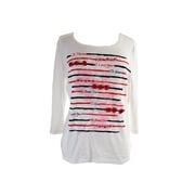 Petite White 3/4-Sleeve Floral Stripe Applique Tee PL