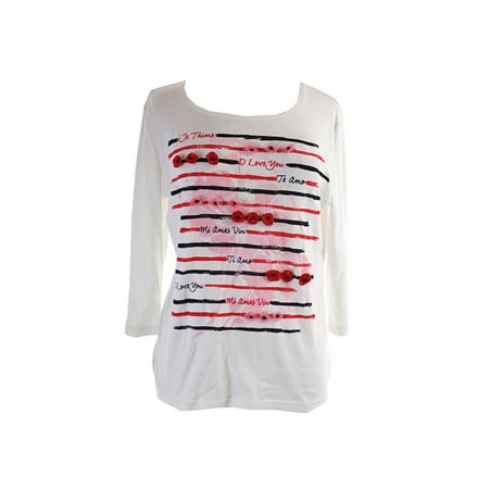 Petite White 3/4-Sleeve Floral Stripe Applique Tee PL