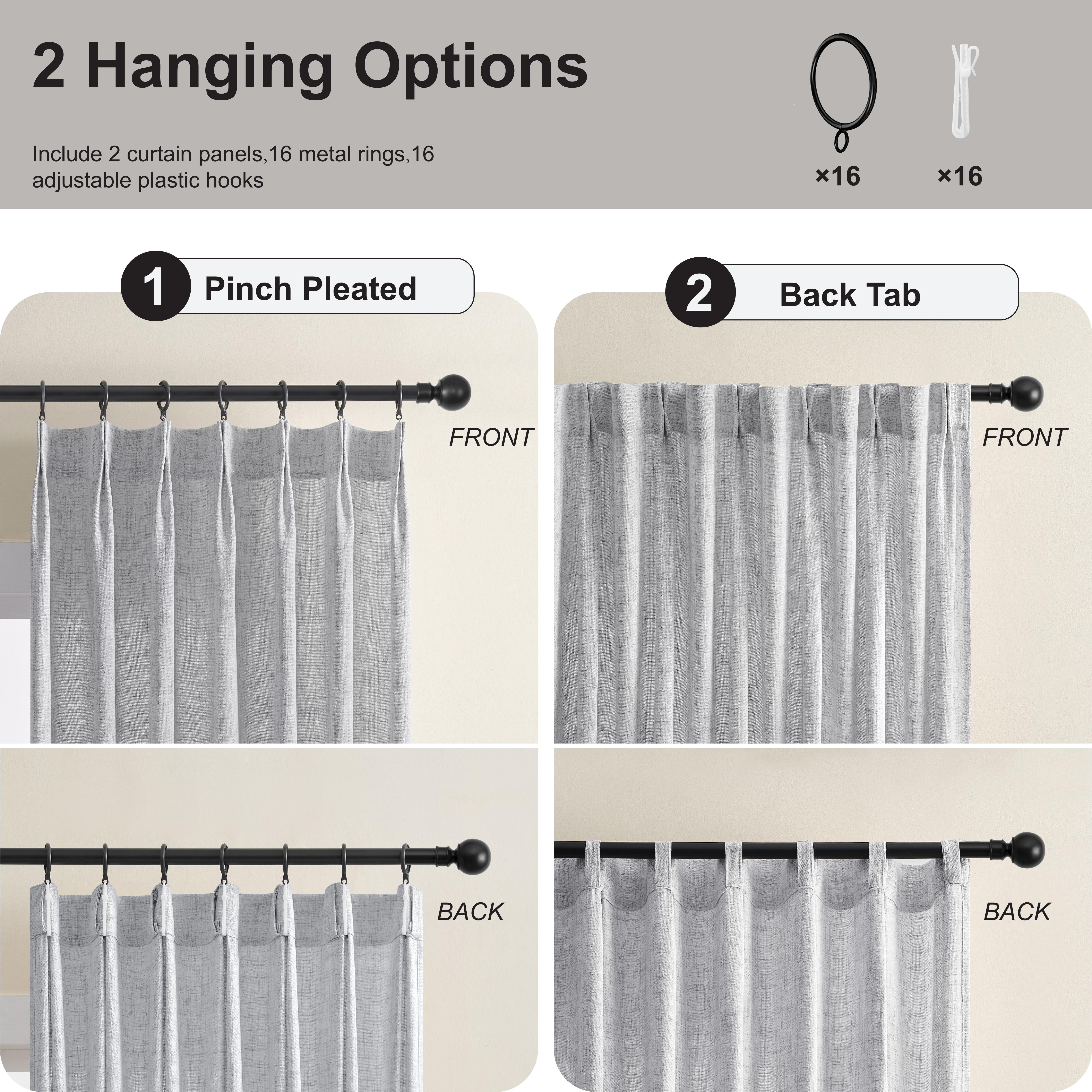 Muuphra Pinch Pleated Light Filtering Linen Blended Curtains with Metal Rings and Hooks for Living Room Bedroom,2 Panels,Gray,40"×63"