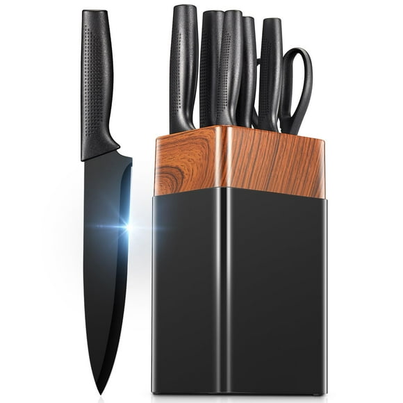 Knife Set, Yabano 7 Pieces Kitchen Knife Set with Universal PE Knife Block, Knife Block Set with Built-in Sharpener, Black Kitchen Knives for Chopping, Slicing, Dicing & Cutting (Black