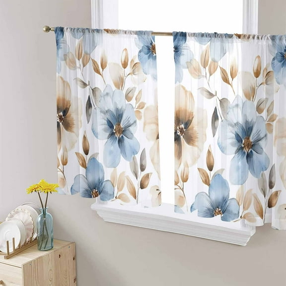 Blue Brown Spring Floral Sheer Curtains 54 Inches Length 2 Panels Set, Window Sheer Curtains for Living Room/Bedroom, Summer Botanical Watercolor Light Filtering Rod Pocket Curtain 52'' x 54'' x 2