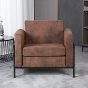 Walsport Faux Leather Reading Accent Chair with Metal Frame, Upholstered Wide Armchair, Single Sofa Chair for Living Room,Bedroom(Brown)
