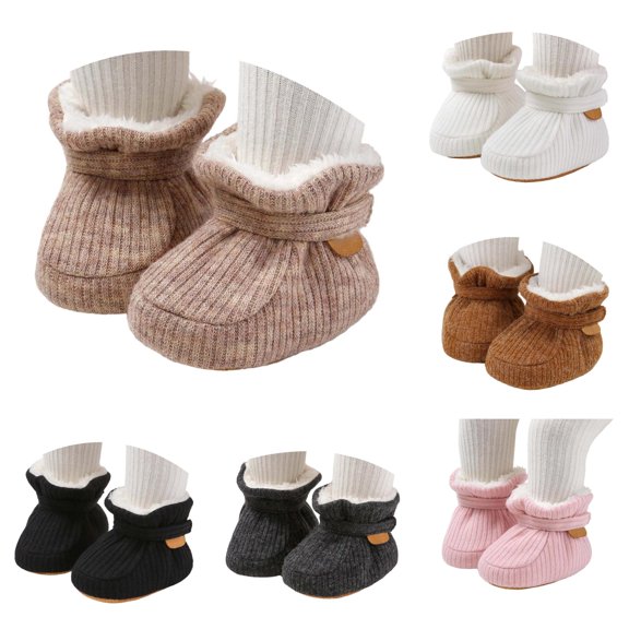 Xijirk Solid Rib Knit Lined Baby Booties Adjustable Strap Warm Crib Shoes Winter Pre Walker Footwear Beige,0-6 Months