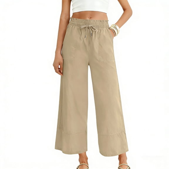 Bloomae Women's Wide Leg Linen Pants Dressy Casual Palazzo Pants Flowy Slacks Drawstring Smoked Elastic High Waist Jogger Pants with Pockets Khaki XL