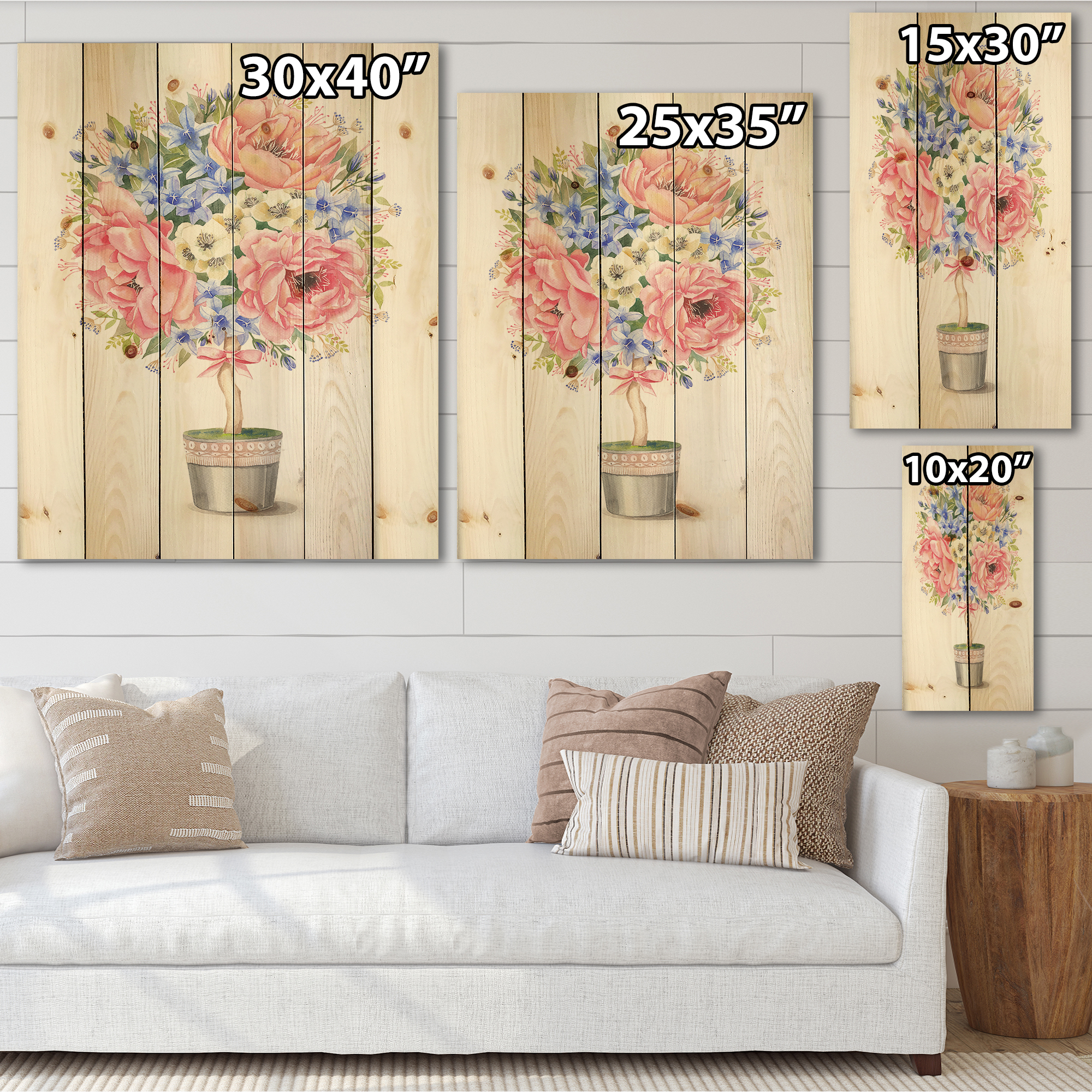 Designart 'A Bow With Flower Tree In A Pot' Farmhouse Print on Natural Pine Wood