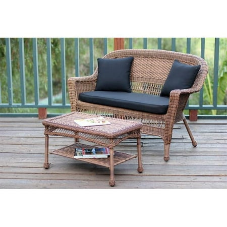 Jeco Honey Wicker Patio Love Seat And Coffee Table Set With Cushion