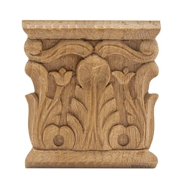 3-1/8 in. x 3 in. x 1/2 in. Unfinished Hand Carved Solid American Red Oak Acanthus Wood Onlay Capital Wood Applique