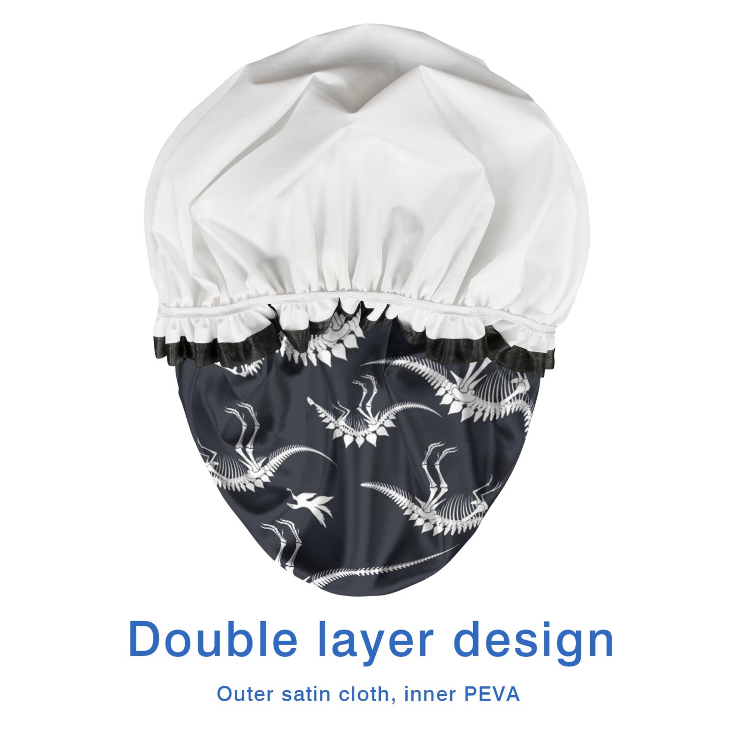 Shower Caps,Black Cartoon Dinosaurs Skeletons Pattern Waterproof Shower Cap for Women 4 Pieces,Double Reusable Hair Cover for Shower PEVA Elastic Stretch Hem