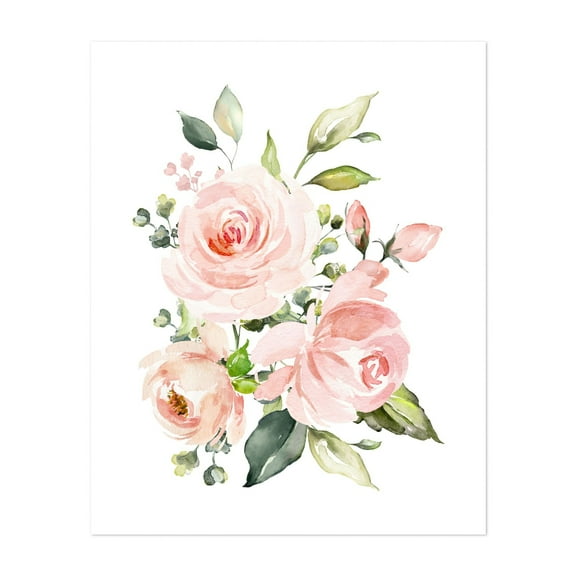 Pink Flowers, Watercolor Flowers, Pink Roses, Greenery, Girl Nursery - Illustration Watercolor Floral Flowers Botanical Garden Pastel Unframed Wall Art Print 6 x 8 inches