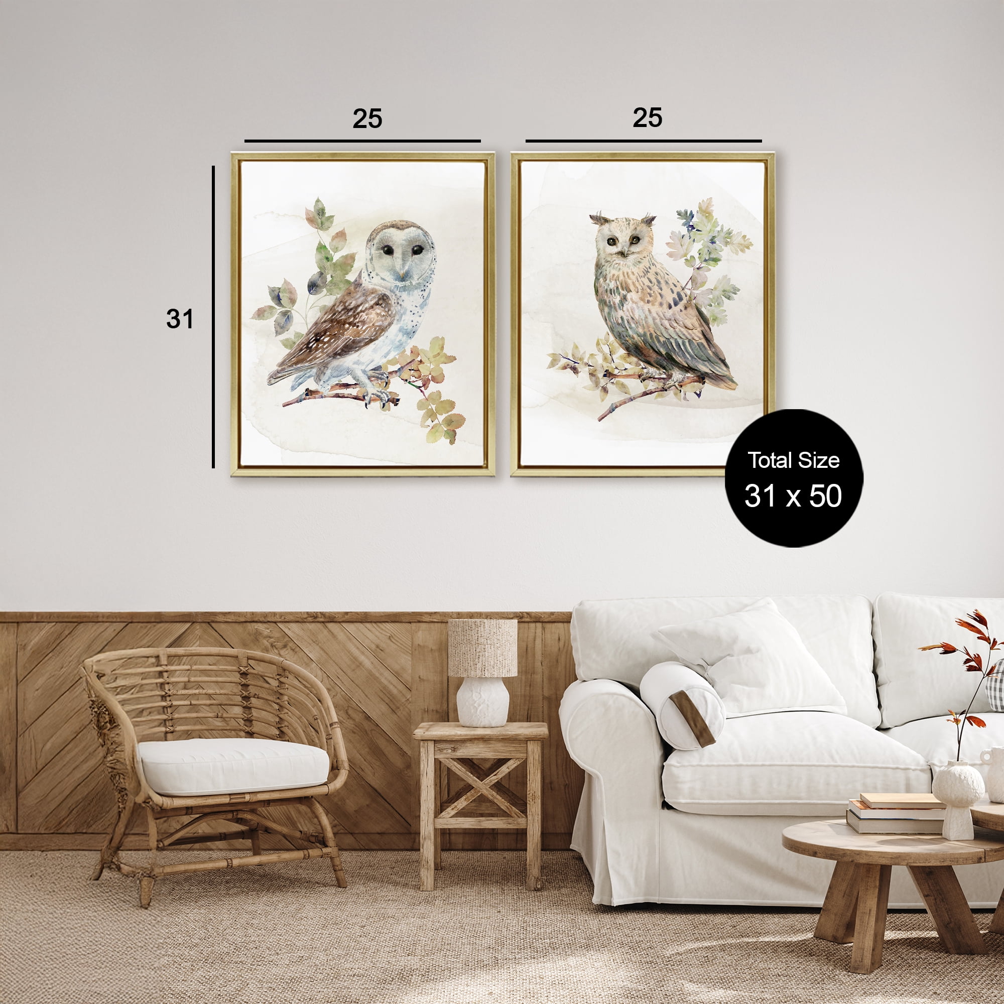 Stupell Industries Owls Perched in Foliage 2 Piece Gold Framed Floater Canvas Set, design by CAD Designs