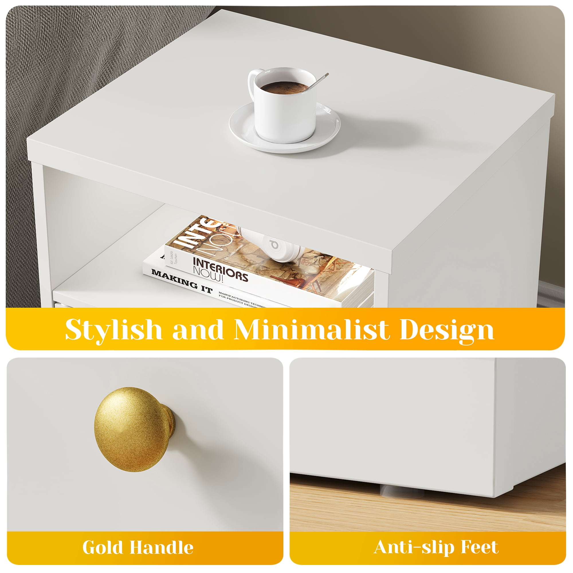 May in Color white Nightstand with Storage Shelf & Door, Faux Drawer Design End Table, Compact Side Table for Bedrooms, Dorm Rooms & Small Spaces, Set of 2