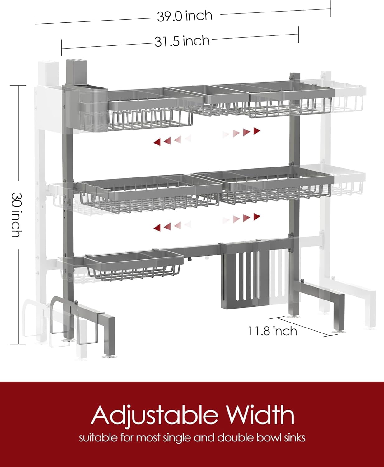 Dish Drying Rack - Over The Sink Dish Drainer Drying Rack with Utensil & Knife Holder, Hooks, Stainless Steel Kitchen Organizers and Storage Solution