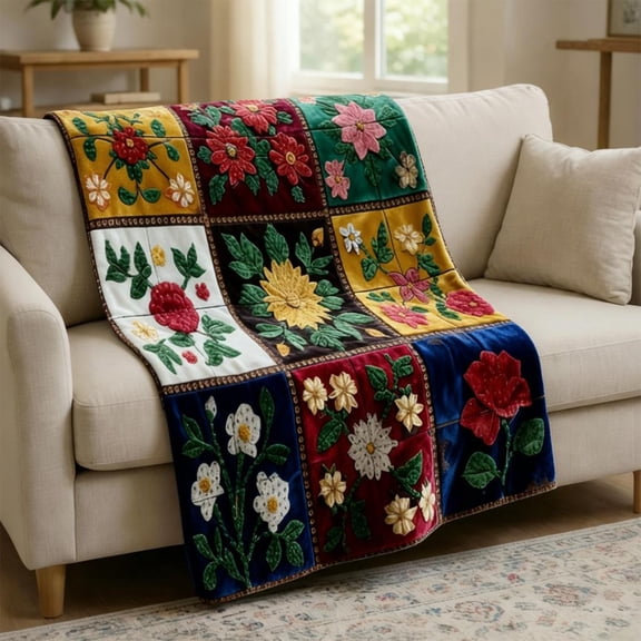 HCBY Floral Patchwork Throw Blanket, 39x27.6in Soft Warm Small Nap Blanket, All Season Blanket for Sofa Bed Camping