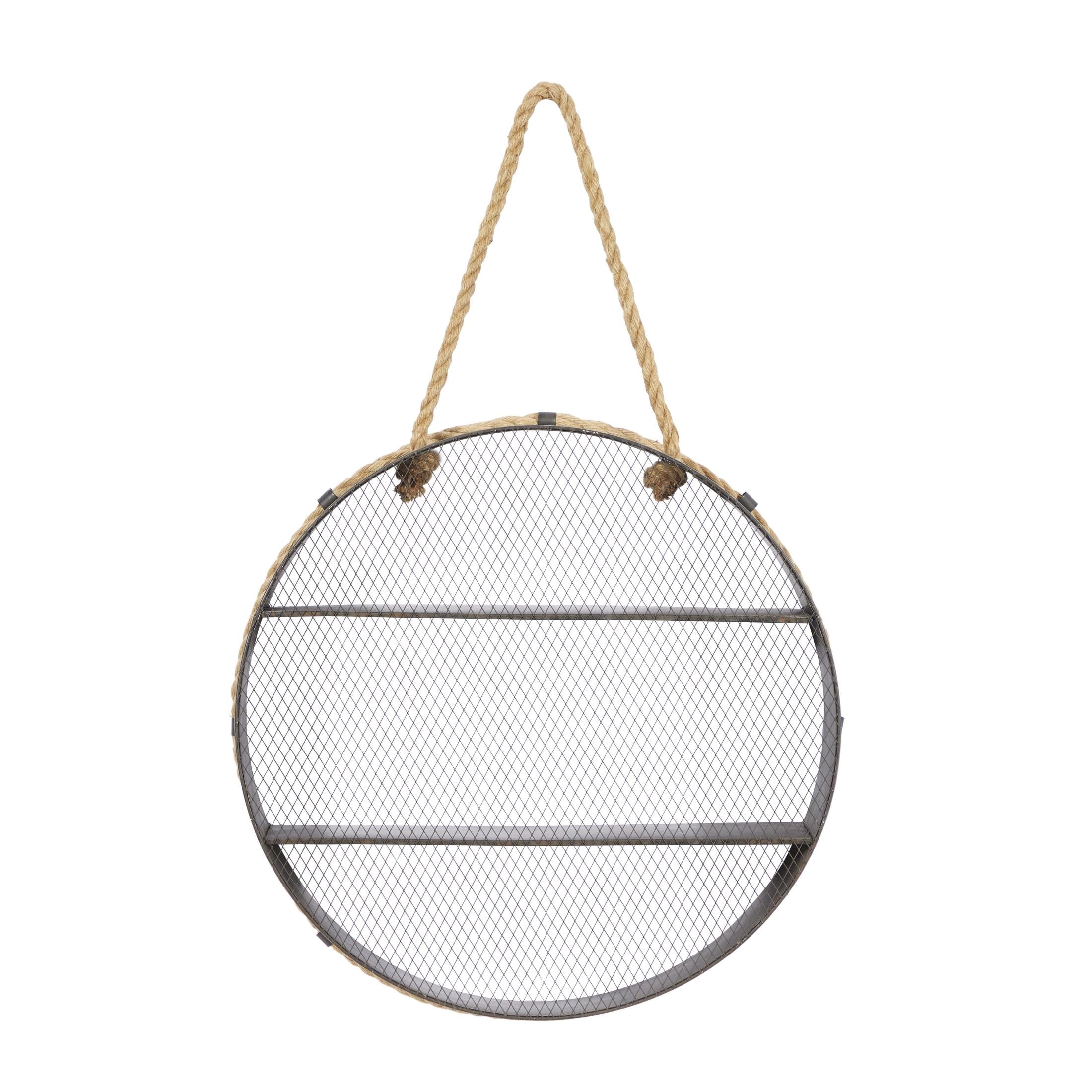 DecMode 24" x 6" Round 2-Tier Black Wall Shelf with Hanging Rope