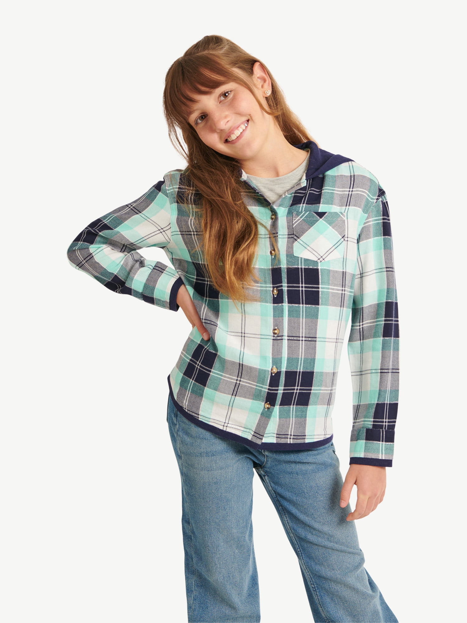 Justice Girls Waffle Trimmed Plaid Button Down Top, Sizes 5-18 & Plus