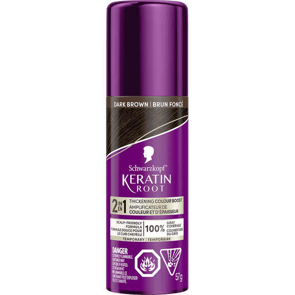 Schwarzkopf Keratin Root Temporary Hair Colour Spray, Dark Brown - Salon Inspired Temporary Hair Dye, for up 100% Grey Coverage and Thicker Looking Roots, Ammonia free