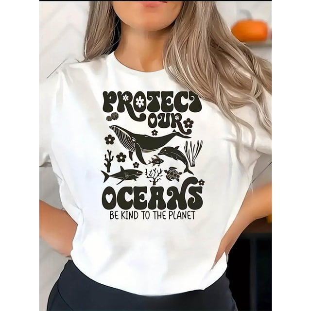 Creative English Ocean Animal Pattern Printed Women'S Fashionable Round Neck Short Sleeve, Simple Casual Sports T-Shirt, Comfortable Summer Top for Holidays.