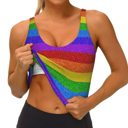 Qokaie Colorful Glitter Rainbow Pattern Womens Scoop Neck Sports Bra Breathable Workout Vest Padded U Back Medium Impact Fitness Gym Yoga Bra Workout Crop Top