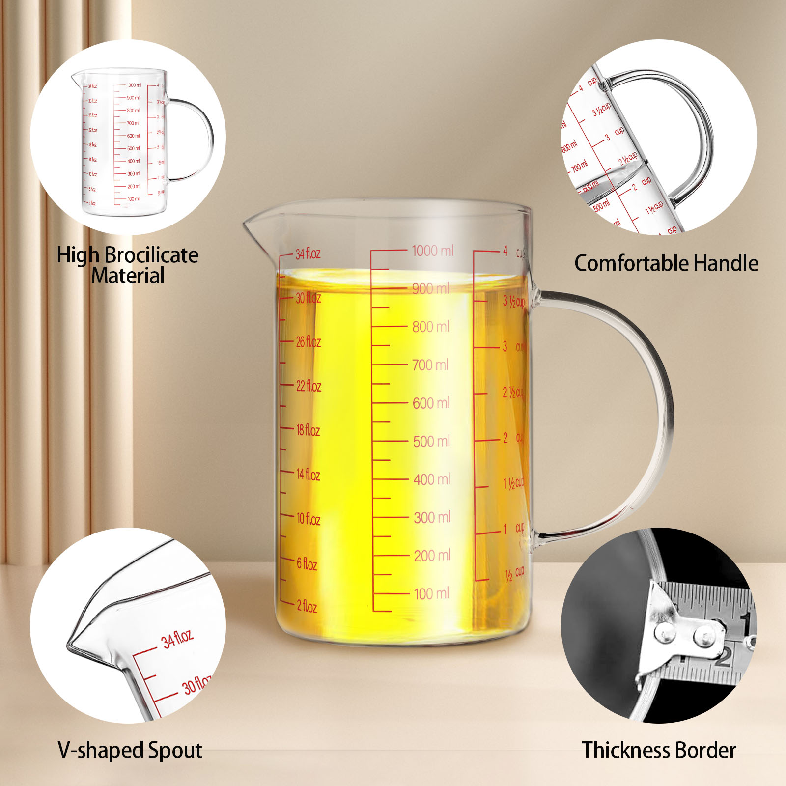 WhiteRhino 4-Cup Borosilicate Glass Measuring Cup, Clear photo 4