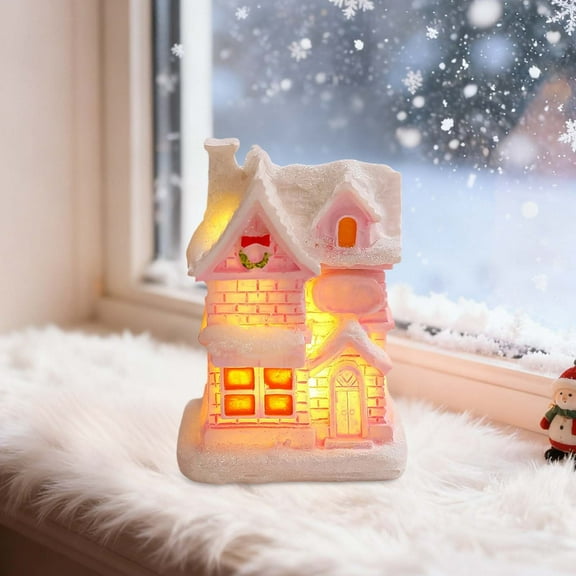 Christmas Village Accessories Mini Pink House Ornaments Resin Village House Xmas Gift Mini Winter Scene Centerpiece Collectible Crafted Cottage - C
