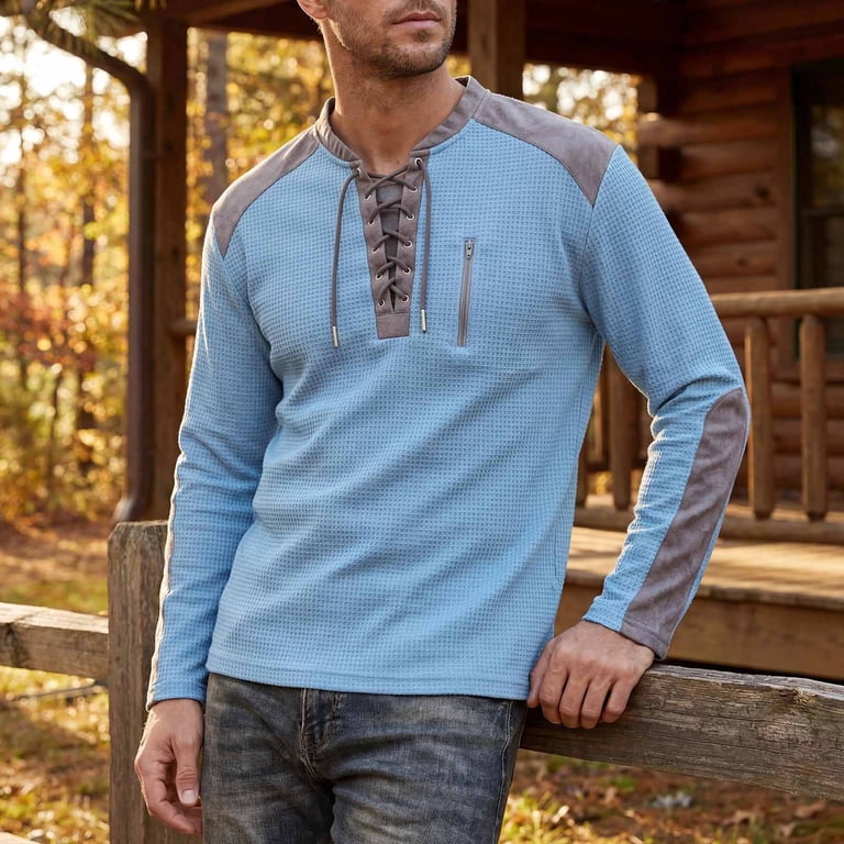 JUUYY Men's Waffle Henley Shirts Lace-Up V Neck Long Sleeve