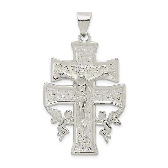 Polished Silver Caravaca Crucifix Cross Pendant for Men and Women with INRI Charm Angel Symbol Religious Christian Catholic Necklace Faith Jewelry