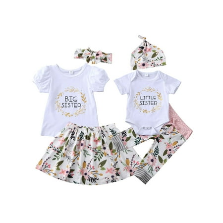 

EYIIYE Sister Matching Casual Outfits Letter Printed Romper/T-Shirt + Flower Printed Pant/Skirts + Hat/Headband Sets