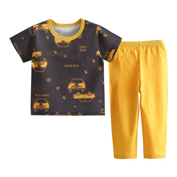 Swuxness Kids 2-Piece Suits Short Sleeve Print Tops with Elastic Waist Cropped Pants Summer Indoor