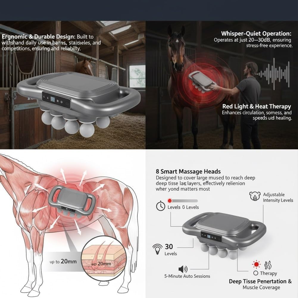 Equirelief 8 Heads Horse Massage Gun, 2025 Upgraded Equine Percussion Massager with 30 Intensity Levels and 3 Modes, Ultra-Quiet Deep-Kneading Massager for Equine Wellness(8 Heads)