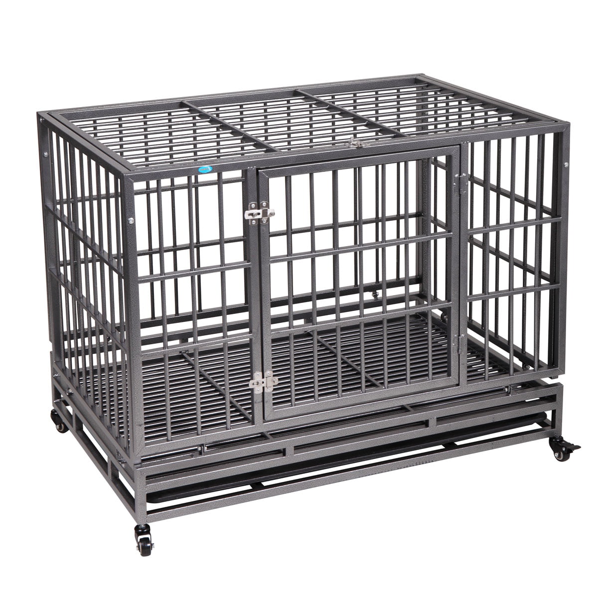 Double Doors Inside/Outside 4 Lockable Wheels Safe Metal Tray COZIWOW Heavy-Duty Large Dog Pets Kennel Cage Crate Black,32.6 H