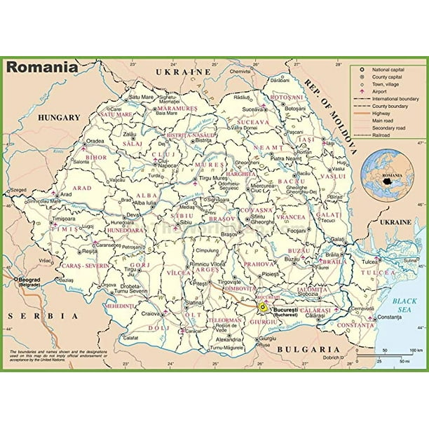 Iconic Arts Laminated 32x24 Poster Romania Political map