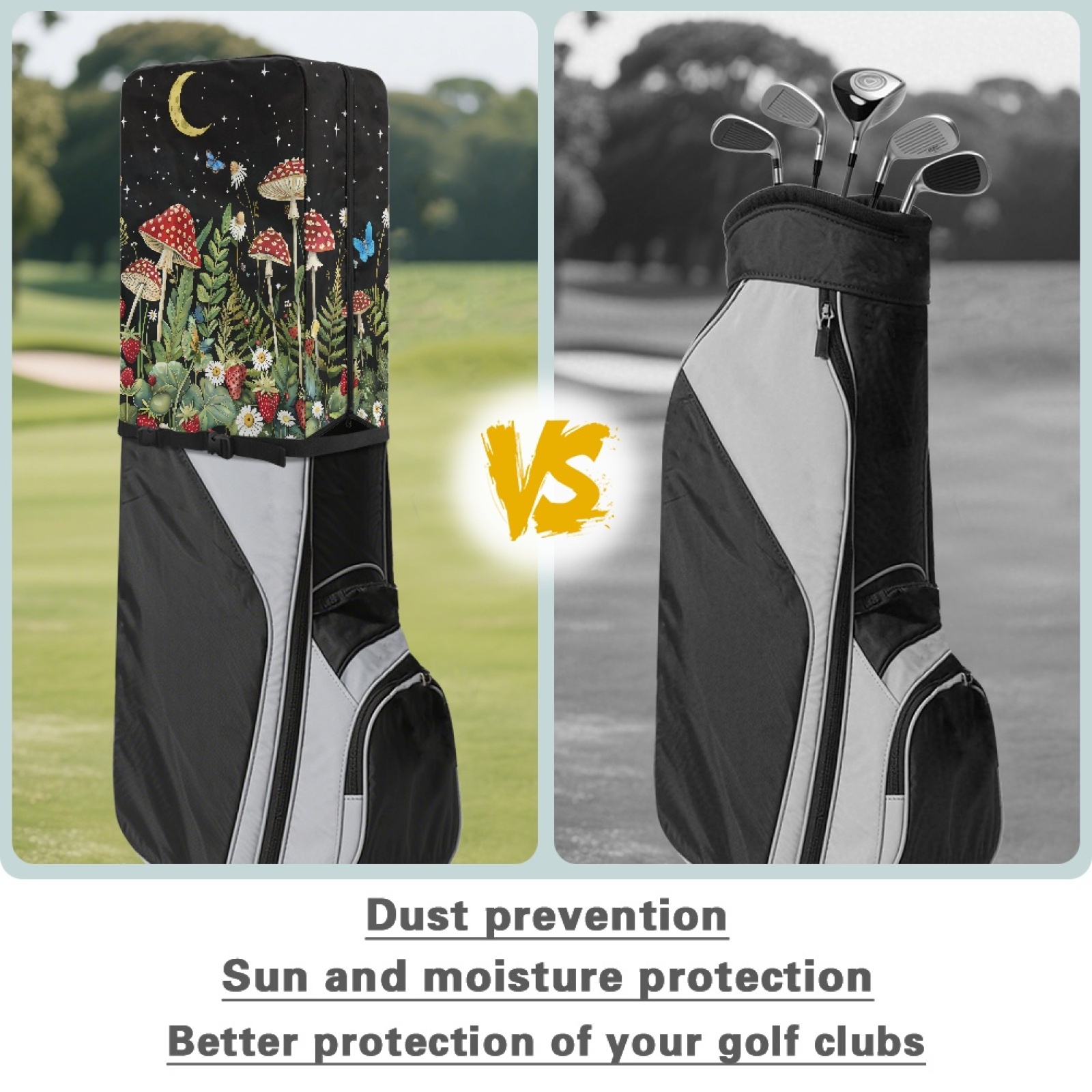 Yuyamidu Aesthetic Mushroom Golf Bag Cover Butterfly Golf Bag Umbrella for Clubs with Snap Button Dust and Sun Protection Fit Most Club Bags
