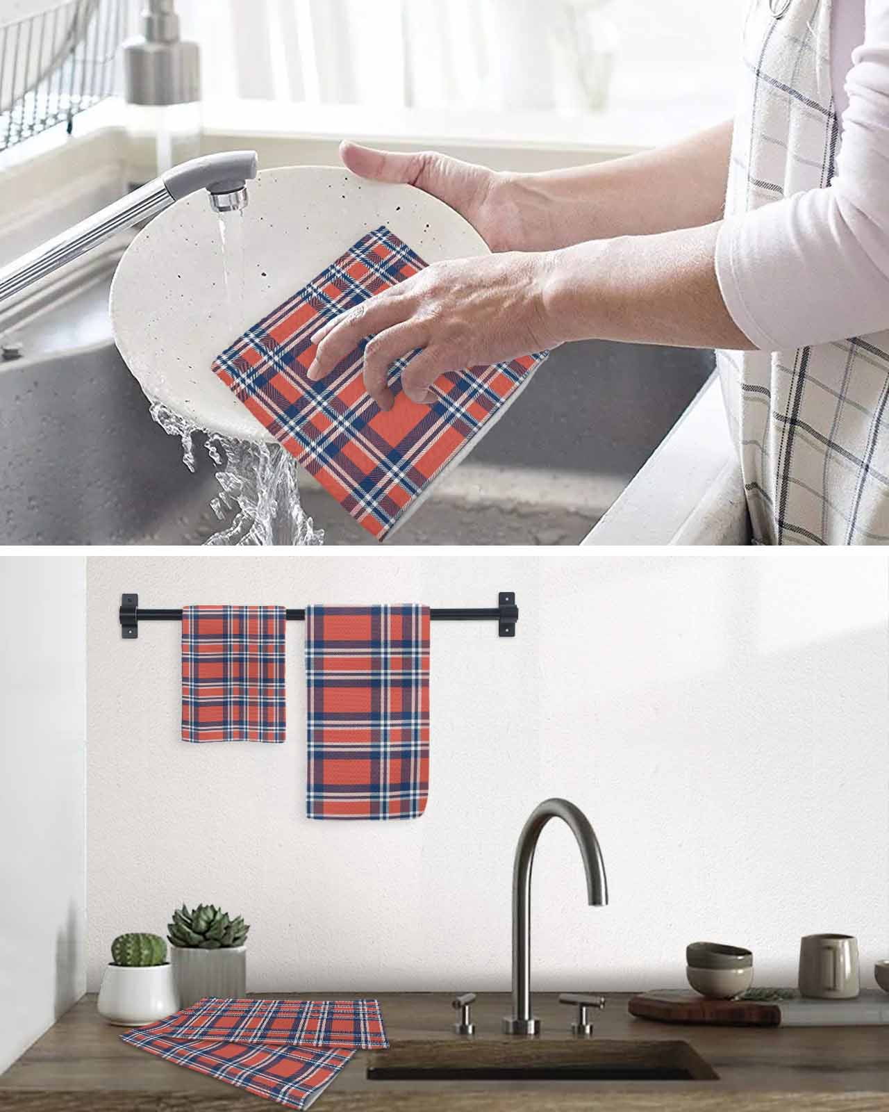 Orange Blue Hand Towels Set, Waffle Weave Kitchen Towels 4 Pieces, British Style Buffalo Plaid Lattice Microfiber Hair Face Bath Tea Towel Absorbent Quick Drying Cleaning Dish Cloths, 15.7"x23.6"