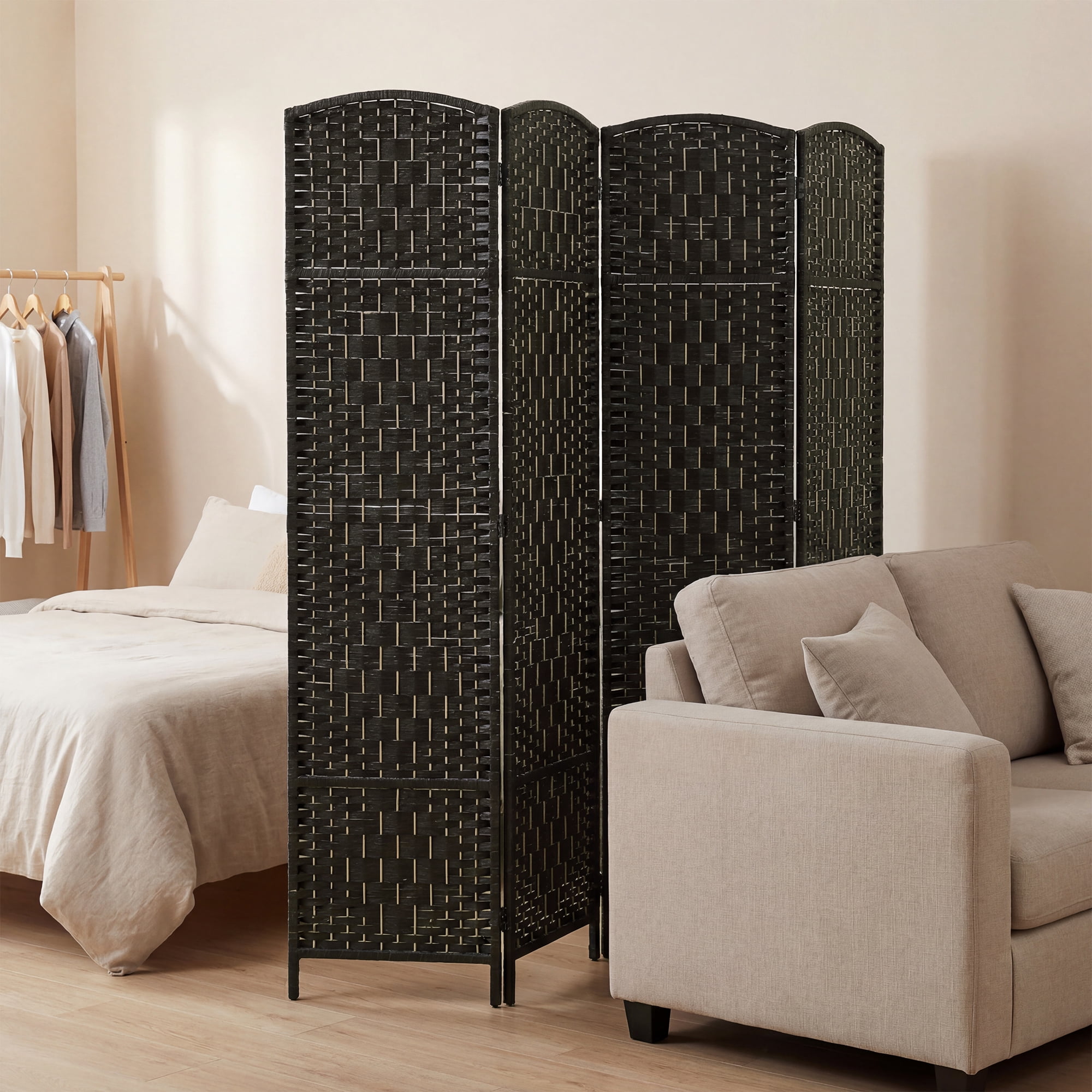 HOMCOM Room Divider, 4 Panel Folding Privacy Screen, 70.9" Tall Portable Wicker Weave Partition Wall Divider for Bedroom, Home Office, Coffee