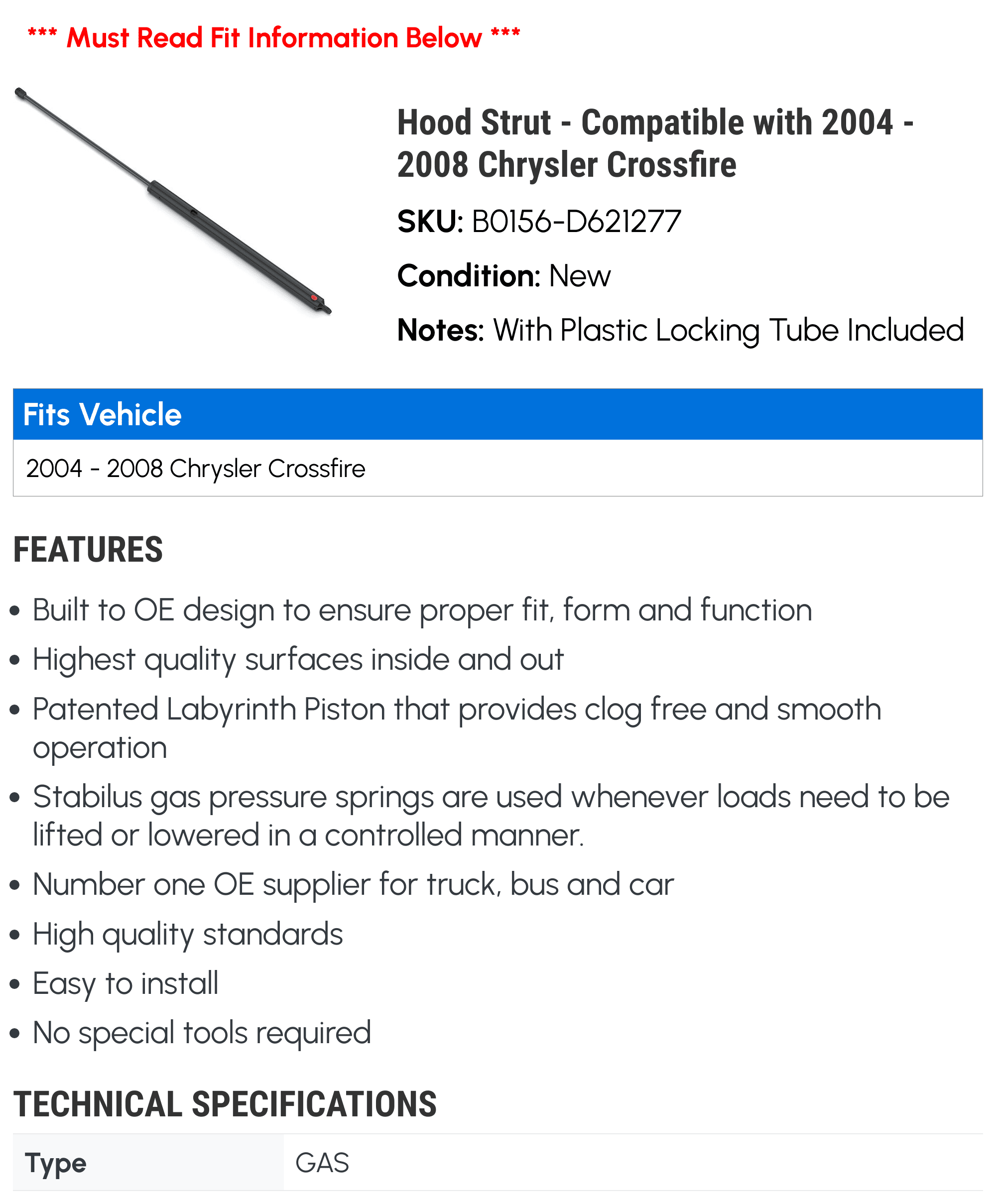 Hood Strut - Compatible with 2004 - 2008 Chrysler Crossfire 2005 2006 2007