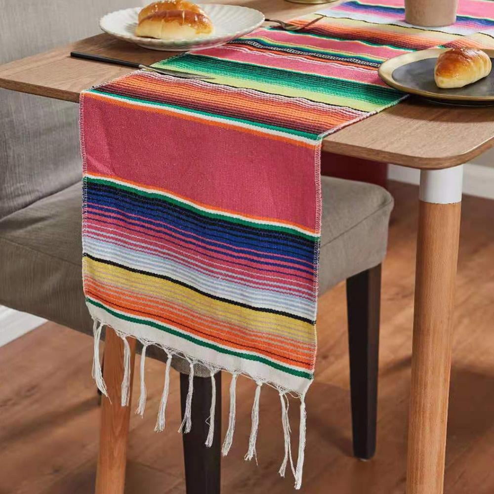 14in x 84in Colorful Mexican Stripe Table Runner for Mexican Party Decorations Fiesta Party Supplies OurWarm Mexican Table Runner Handwoven Fringe Cotton Serape Blanket Table Runners 
