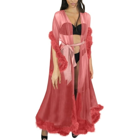 Yuhangmm Women Fashion Sexy Robe Long Lingerie Nightgown Bathrobe Sleepwear Feather Bridal Robe Lace Lingerie Lingerie plus Size