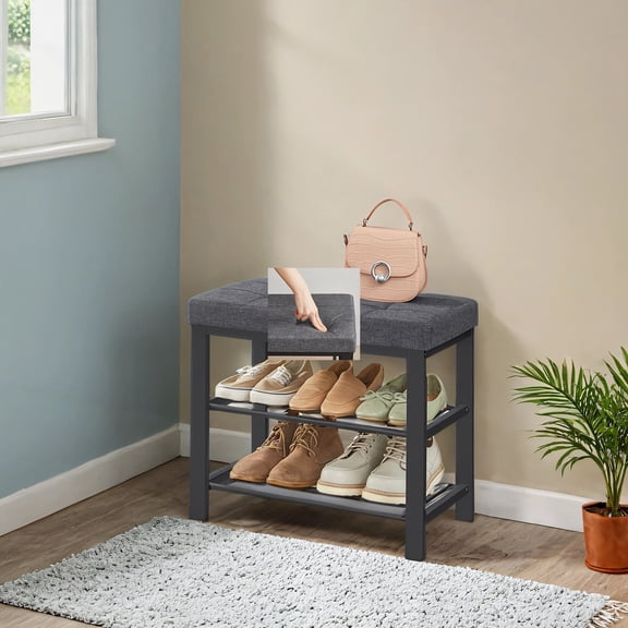 LEDREM Storage Bench with Cushioned Seat , 2-Tier Shoe Rack for Entryway Hallway Bedroom , Holds 6 Pairs , 300lb Capacity , Easy Assembly ,Gray and Black