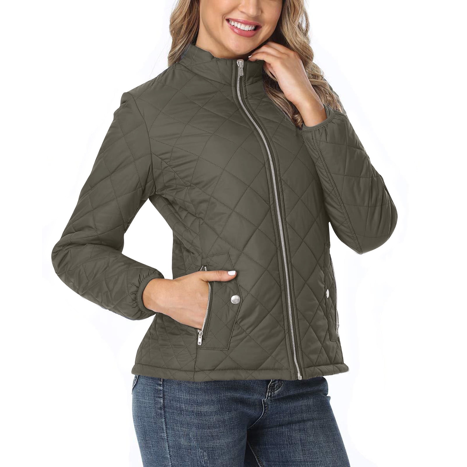 WCMZJ Women's Quilted Jacket Coat Outwear Puffer Zip up Stand Collar Padded  Jacket with Pockets Dark Gray L - Walmart.com