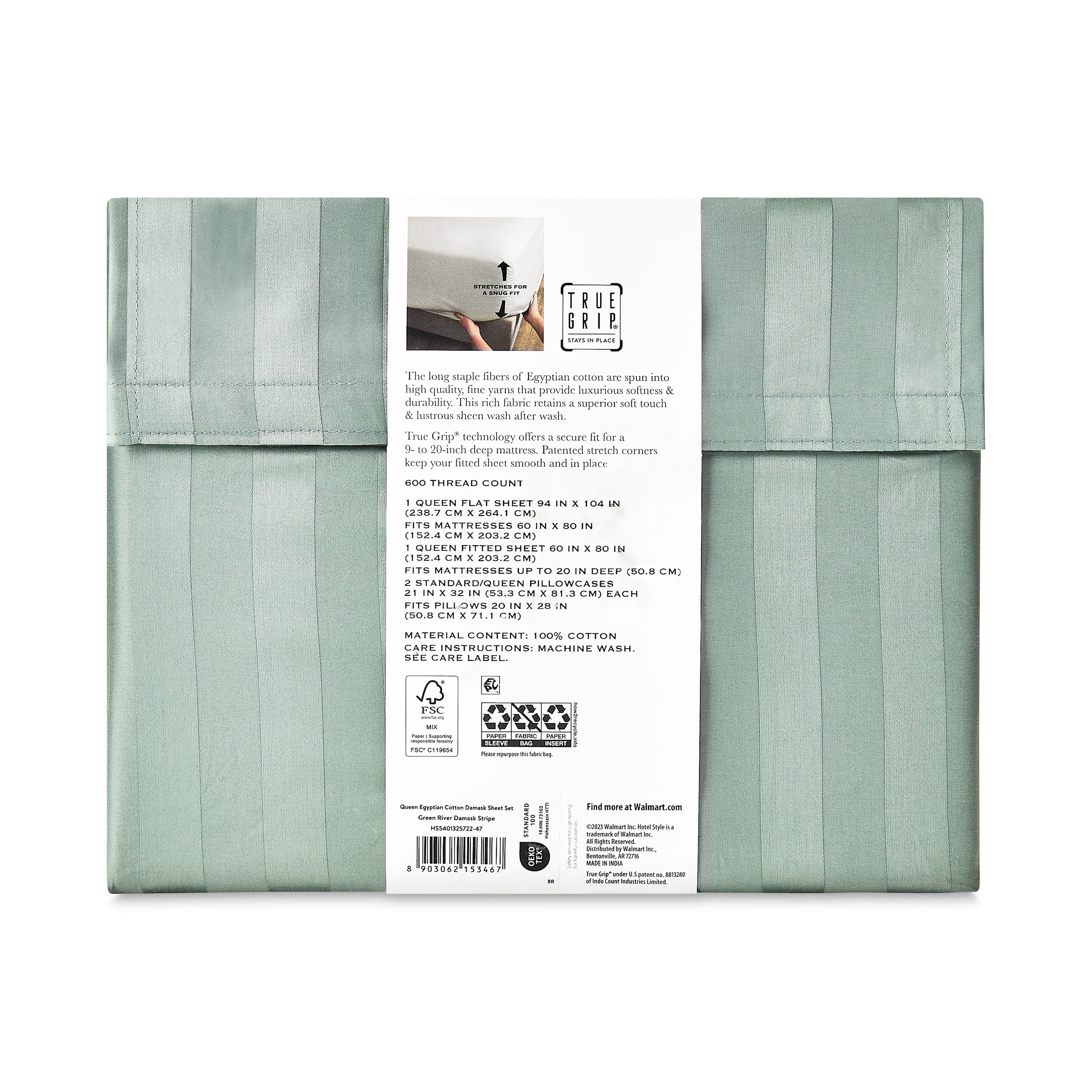 Hotel Style 4-Piece 600 Thread Count Green Stripe Egyptian Cotton Adult Bed Sheets, Queen-Deep Pocket