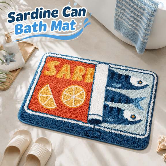 MORAVE Blue Funny Cartoon Fish and Lemon Sardine Can Bath Mat, Soft Non Slip Washable Rug for Bathroom Bedroom Kitchen, Cute Bathroom Rugs